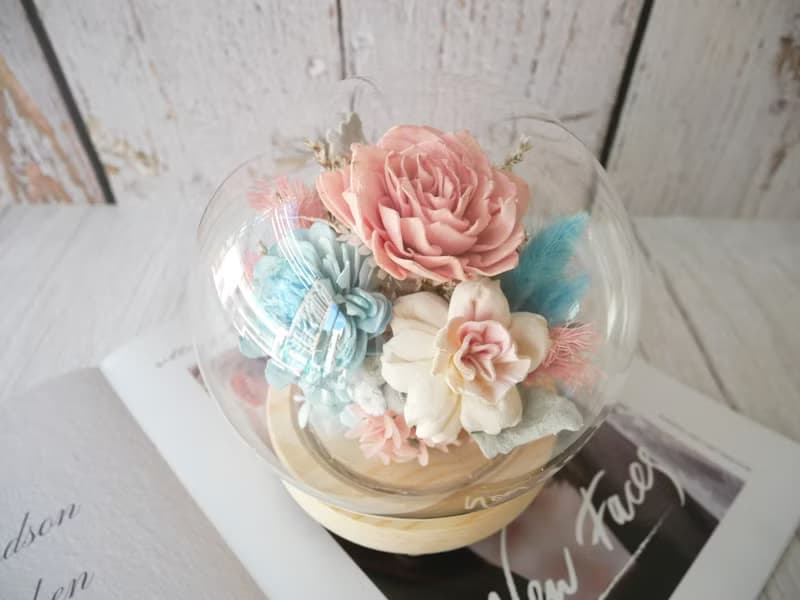 乾燥花玻璃罩夜燈【寧靜粉藍】新居落成/喬遷/新婚