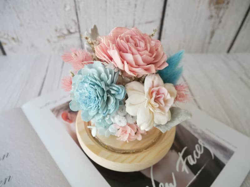 乾燥花玻璃罩夜燈【寧靜粉藍】新居落成/喬遷/新婚