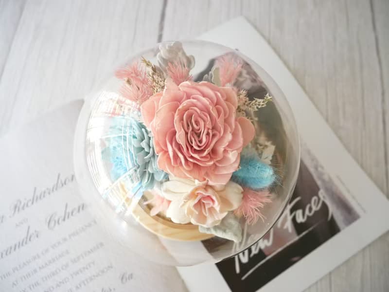 乾燥花玻璃罩夜燈【寧靜粉藍】新居落成/喬遷/新婚