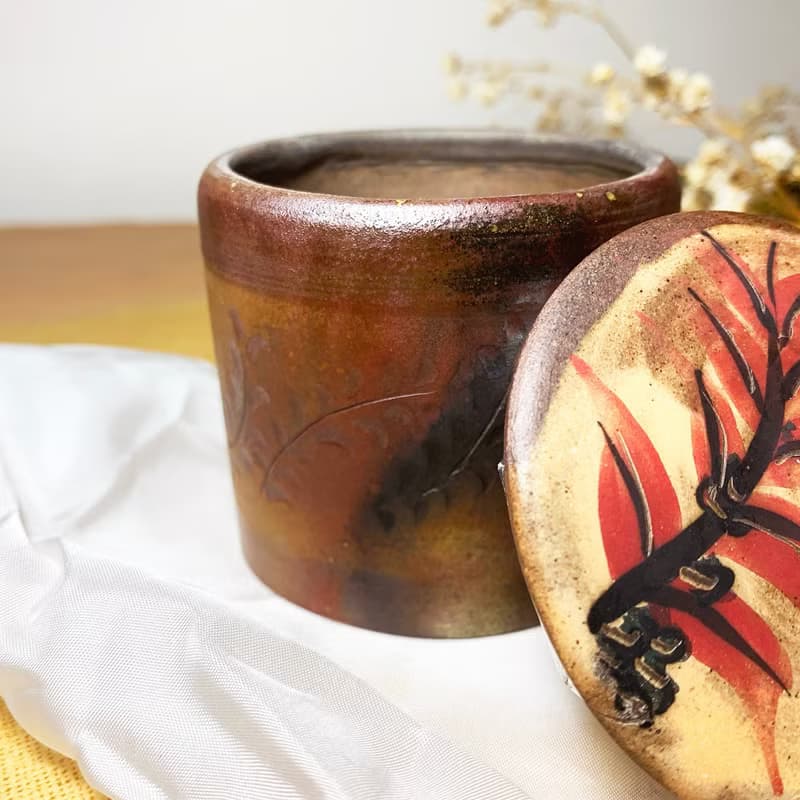 草紋直筒小茶倉 新彩燒 柴燒陶藝 手作作品 | 禮物 茶具 咖啡罐