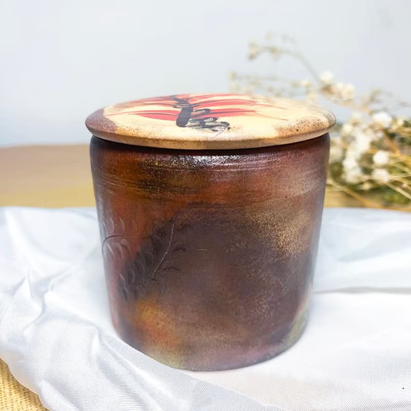 草紋直筒小茶倉 新彩燒 柴燒陶藝 手作作品 | 禮物 茶具 咖啡罐