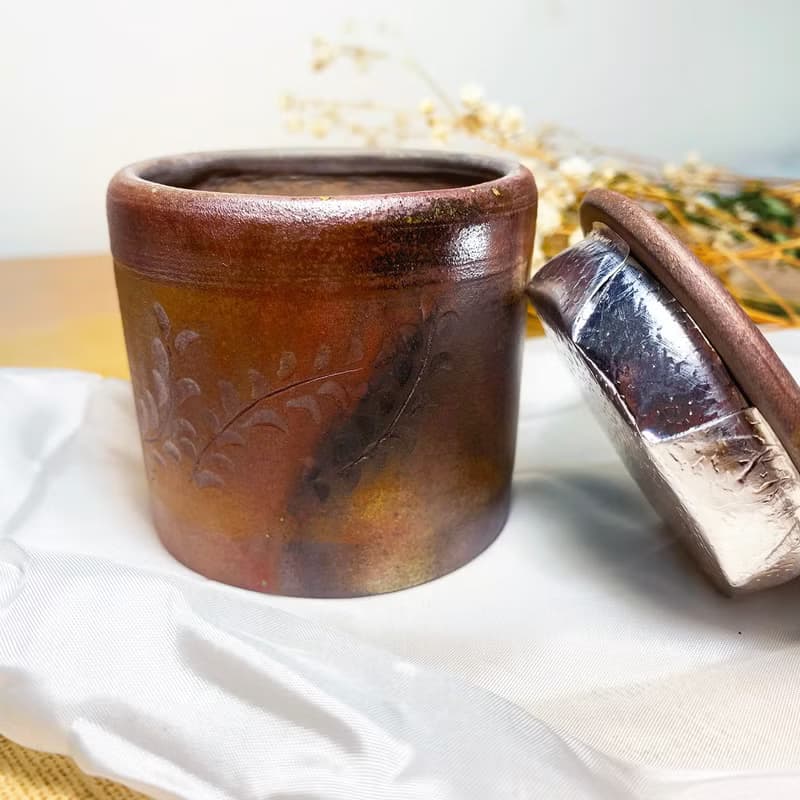 草紋直筒小茶倉 新彩燒 柴燒陶藝 手作作品 | 禮物 茶具 咖啡罐