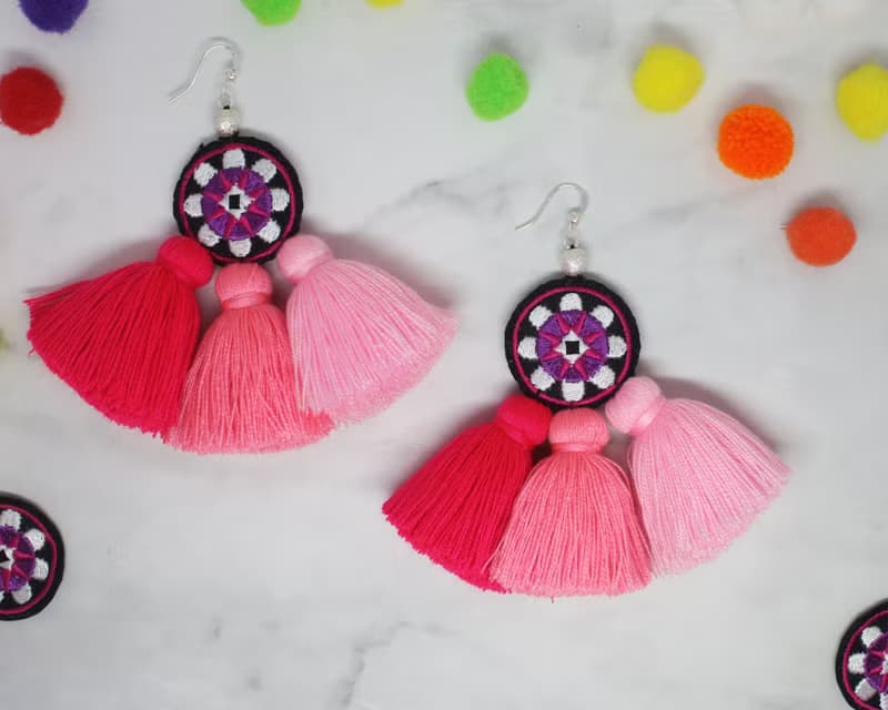 Sweet Tassel Earrings Gift For Girlfriend, Pink Ombre Ethic Embroidery Jewelry