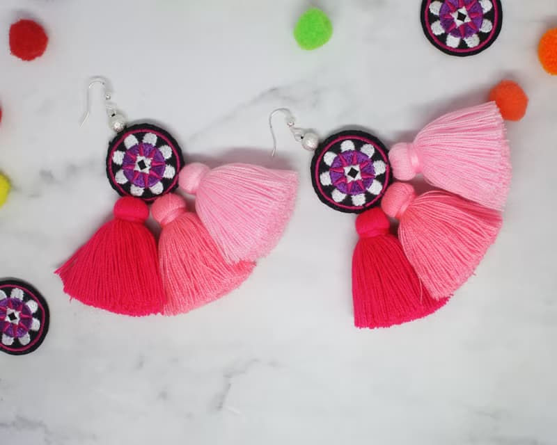 Sweet Tassel Earrings Gift For Girlfriend, Pink Ombre Ethic Embroidery Jewelry