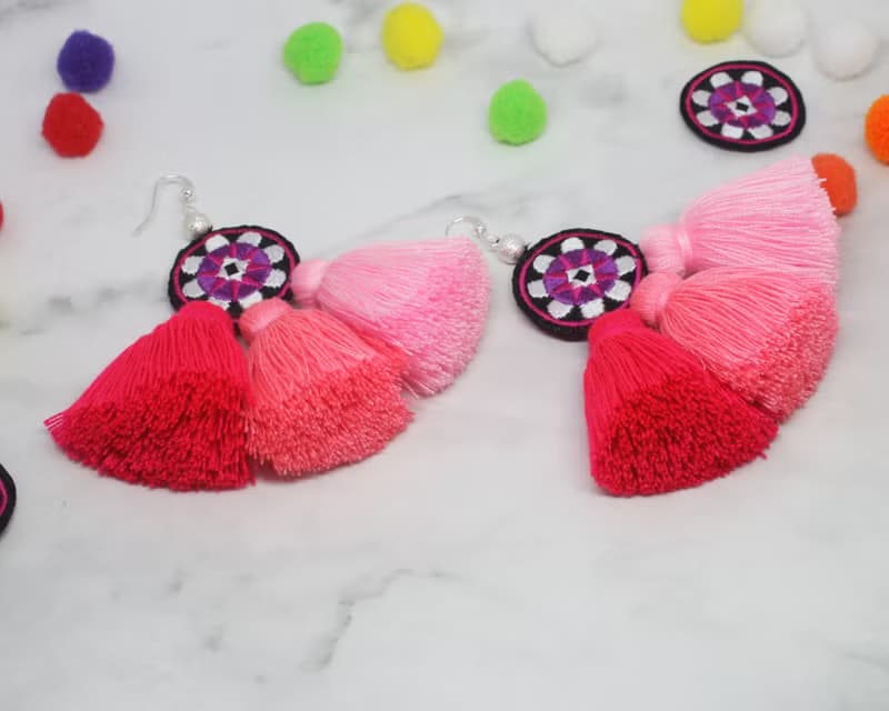 Sweet Tassel Earrings Gift For Girlfriend, Pink Ombre Ethic Embroidery Jewelry