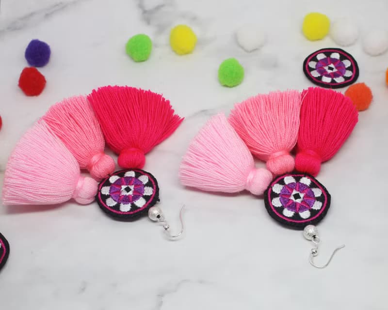 Sweet Tassel Earrings Gift For Girlfriend, Pink Ombre Ethic Embroidery Jewelry