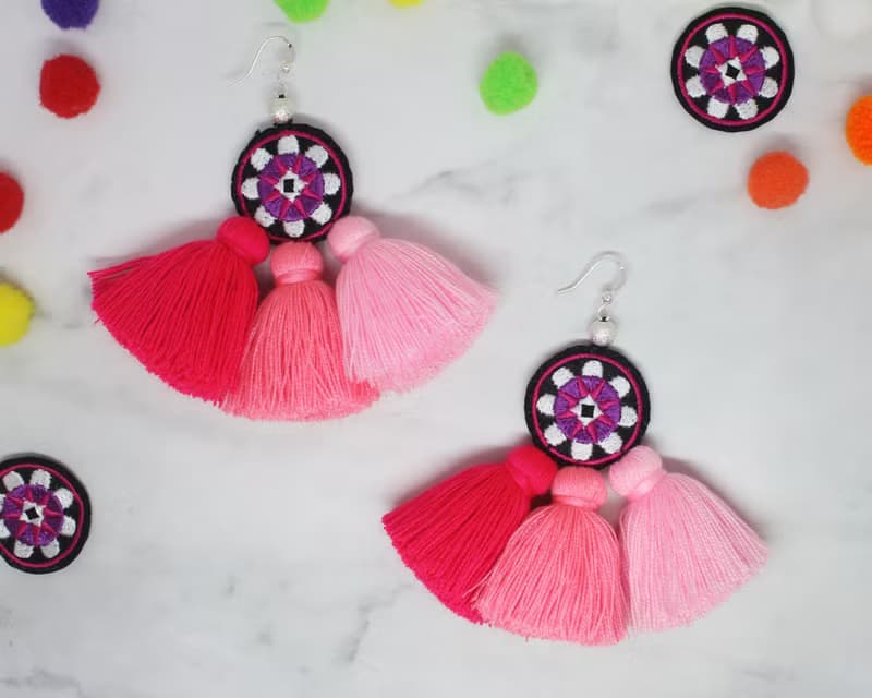 Sweet Tassel Earrings Gift For Girlfriend, Pink Ombre Ethic Embroidery Jewelry