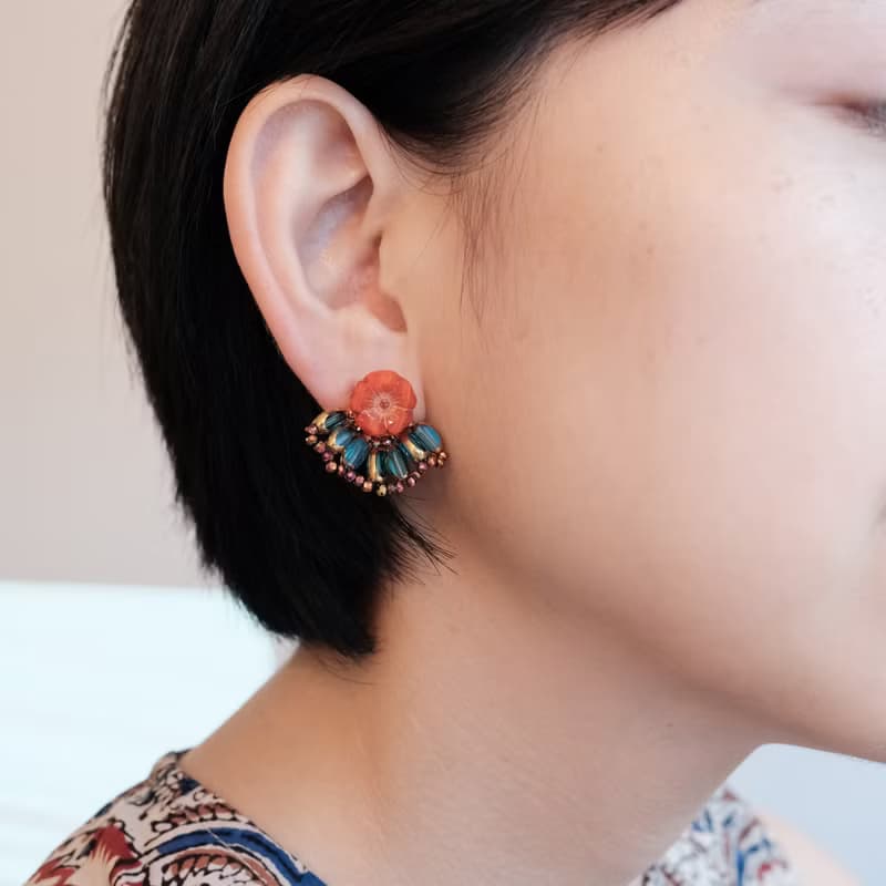 扇形花耳環 - 條紋橘 耳針/耳夾