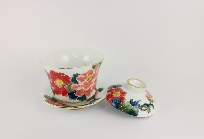 純手繪茶杯-牡丹(三件式蓋杯)-紅花