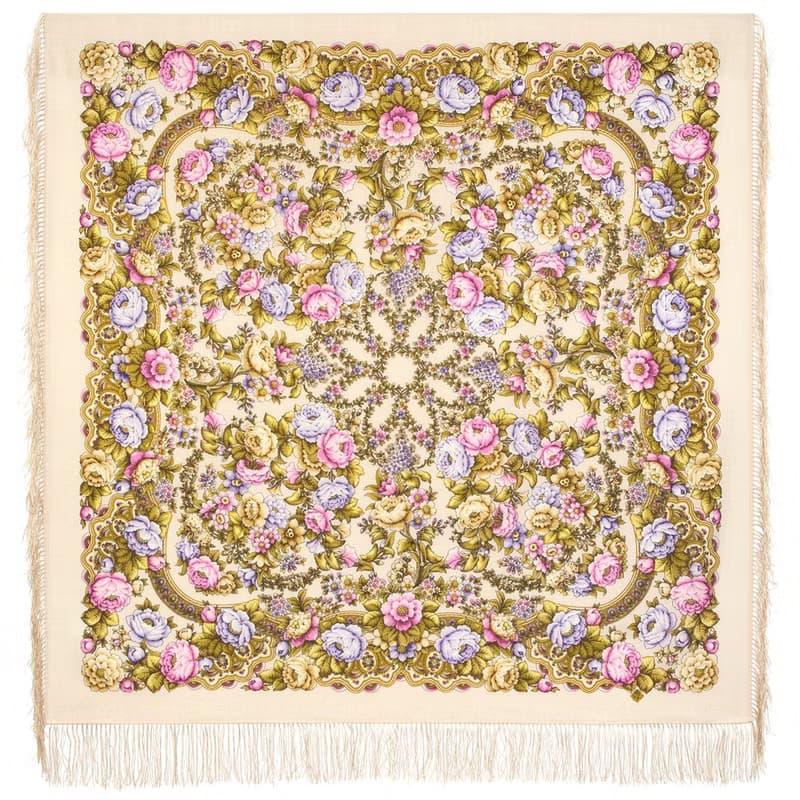 Pavlovo Posad Russian Shawl 100% Wool Scarf 125x125 cm Wrap Silk Fringe 2000-3