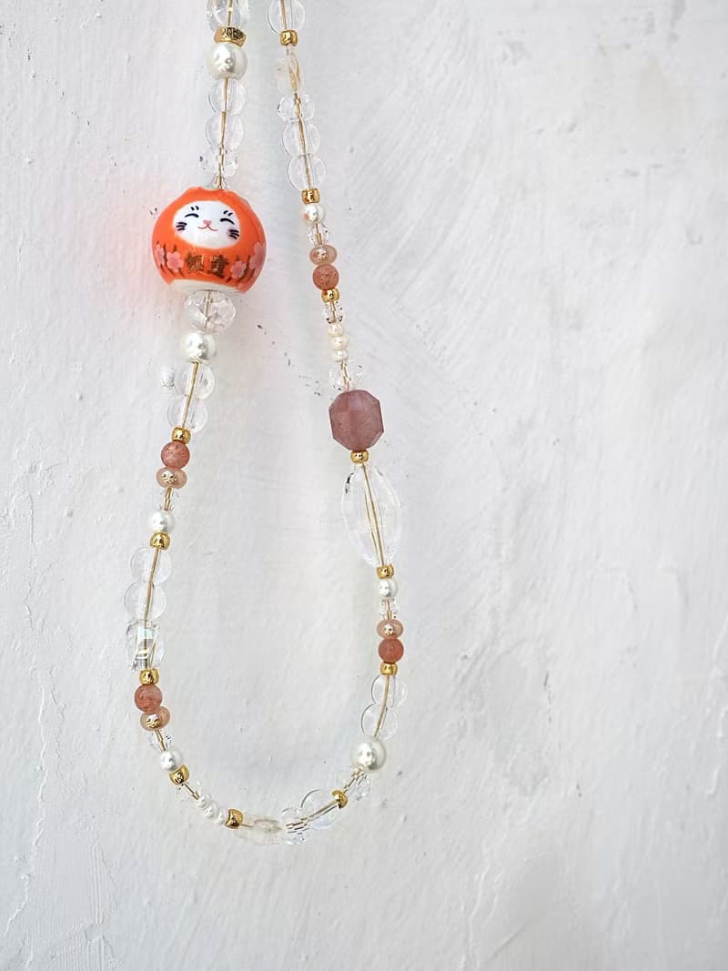 如意吉祥 橙色招財貓 士多啤梨晶 手機掛飾 電話繩 附送連接墊片