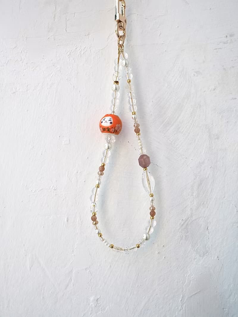 如意吉祥 橙色招財貓 士多啤梨晶 手機掛飾 電話繩 附送連接墊片