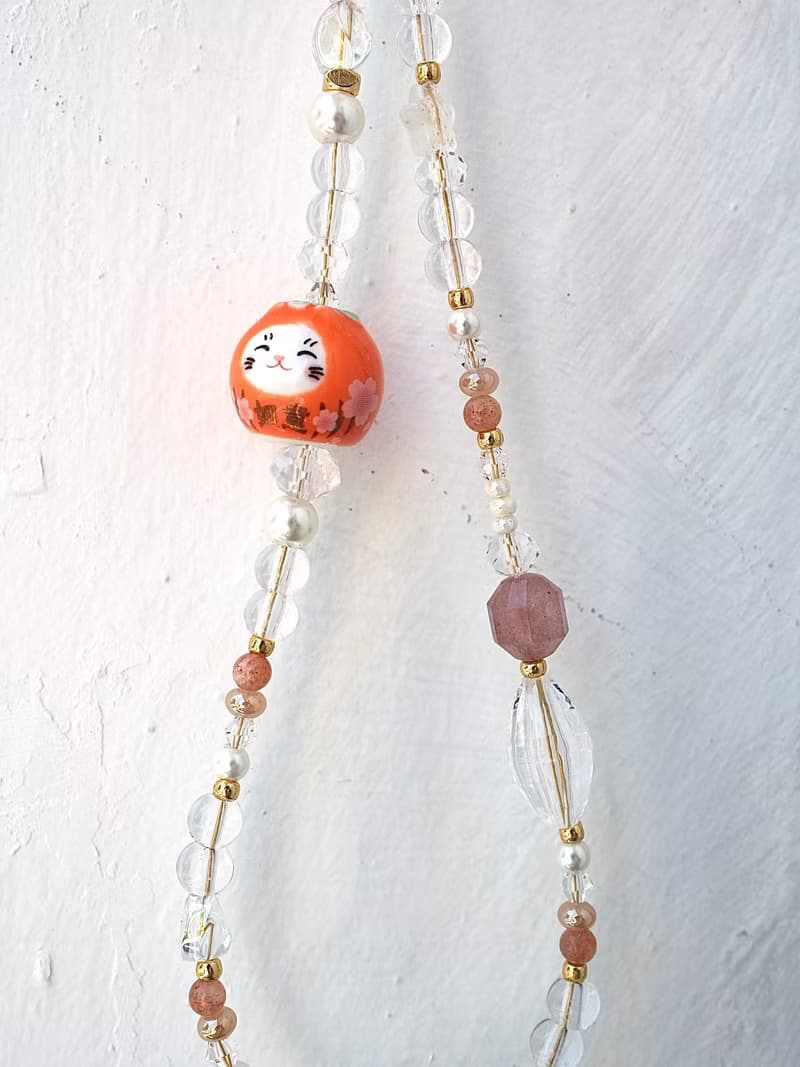 如意吉祥 橙色招財貓 士多啤梨晶 手機掛飾 電話繩 附送連接墊片