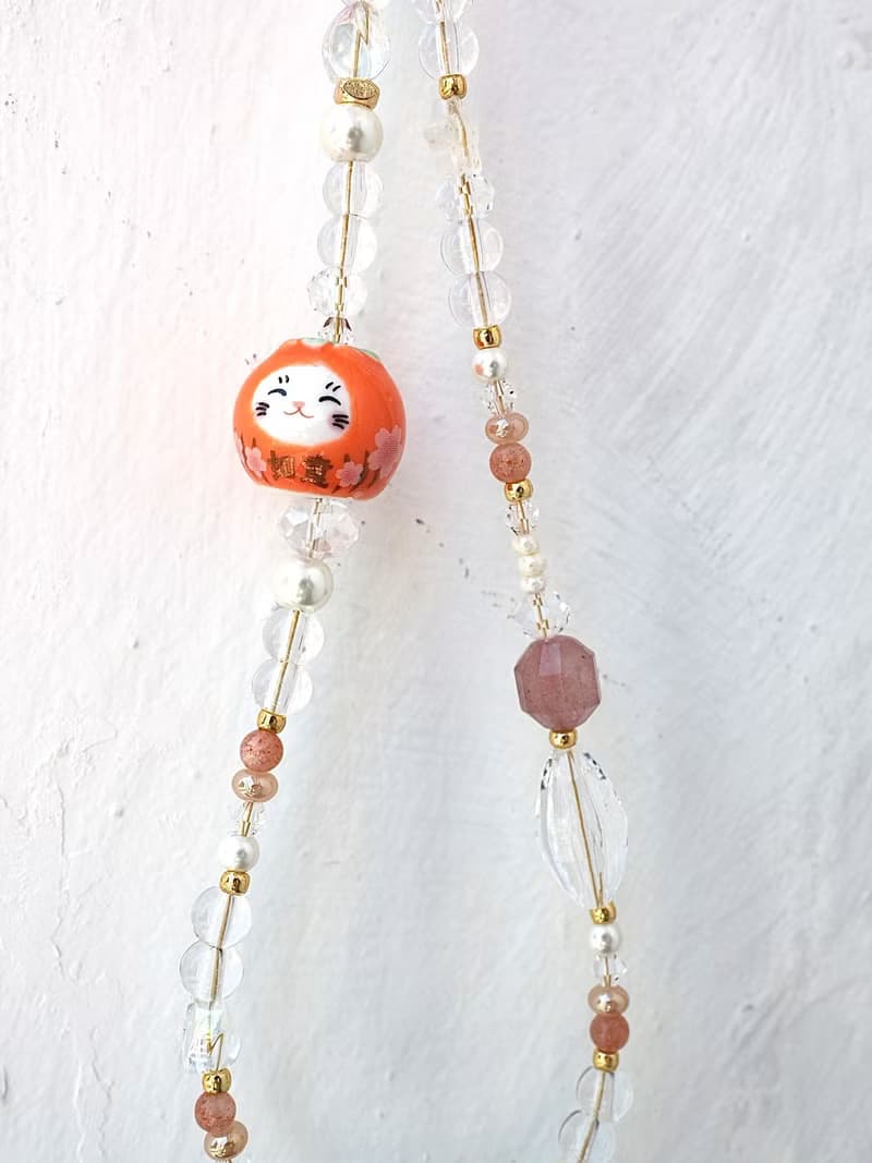 如意吉祥 橙色招財貓 士多啤梨晶 手機掛飾 電話繩 附送連接墊片