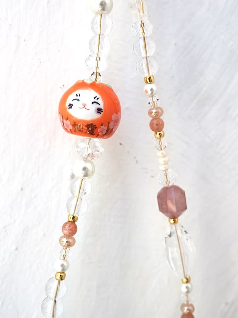 如意吉祥 橙色招財貓 士多啤梨晶 手機掛飾 電話繩 附送連接墊片