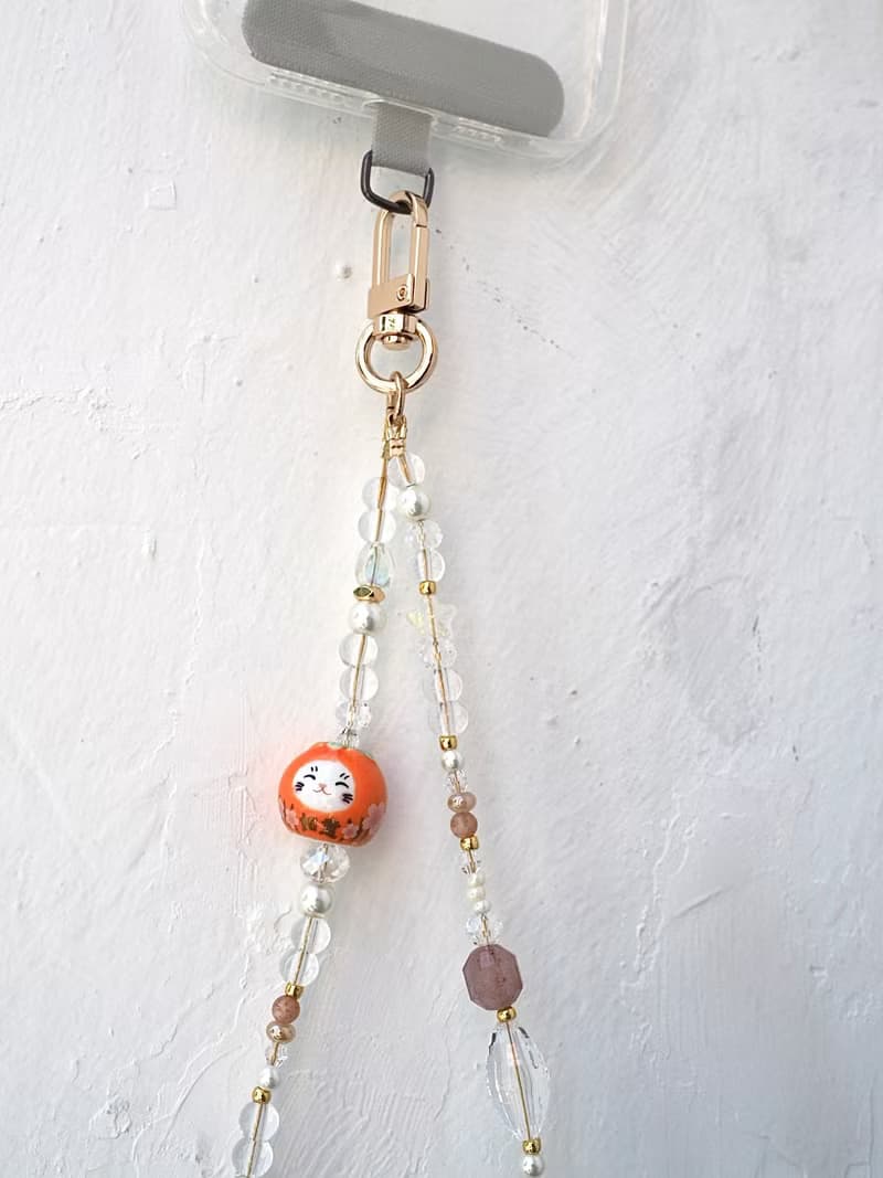 如意吉祥 橙色招財貓 士多啤梨晶 手機掛飾 電話繩 附送連接墊片