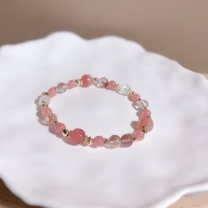 藍月光石、粉兔毛、鹽源瑪瑙 天然石手鍊