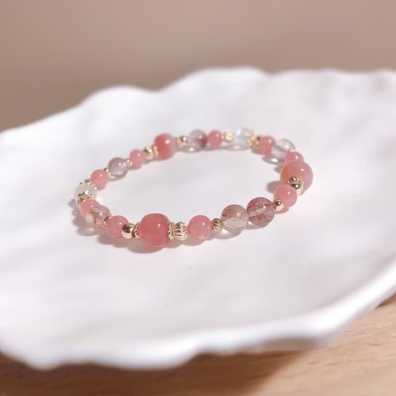 藍月光石、粉兔毛、鹽源瑪瑙 天然石手鍊