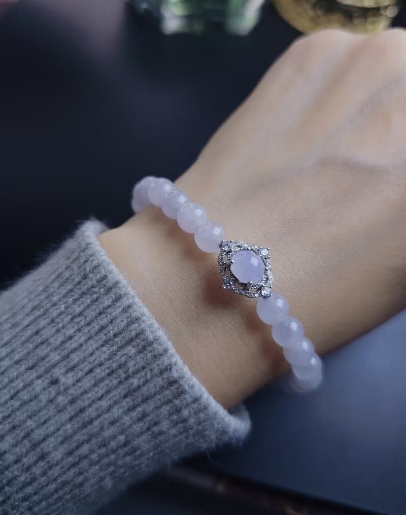 貴人•桃花|夢幻冰紫|緬甸A貨翡翠淡冰粉紫純銀萬用台珠串