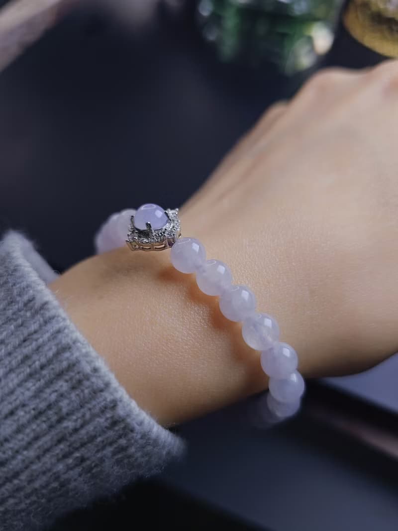 貴人•桃花|夢幻冰紫|緬甸A貨翡翠淡冰粉紫純銀萬用台珠串