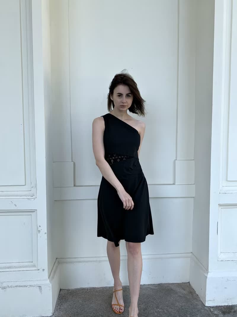 Little black dress for women. Asymmetric Sleeveless Dress. One shoulder dress.
