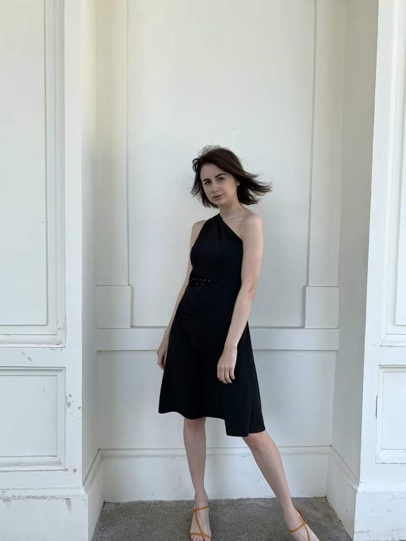 Little black dress for women. Asymmetric Sleeveless Dress. One shoulder dress.