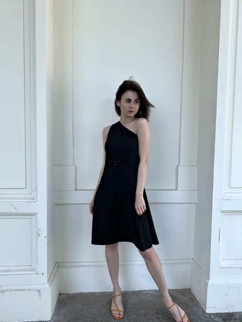 Little black dress for women. Asymmetric Sleeveless Dress. One shoulder dress.
