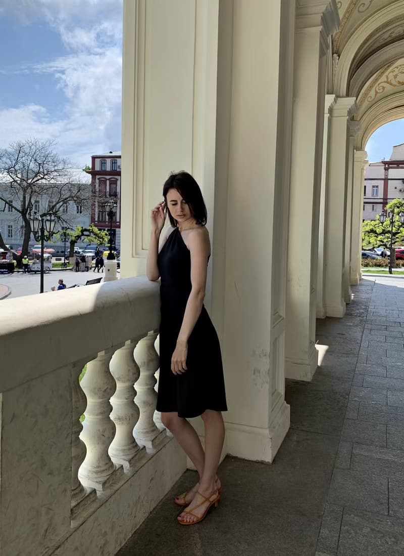 Little black dress for women. Asymmetric Sleeveless Dress. One shoulder dress.