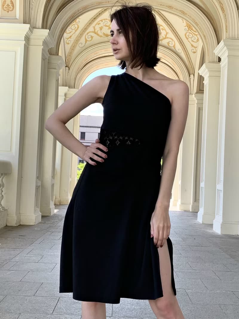 Little black dress for women. Asymmetric Sleeveless Dress. One shoulder dress.