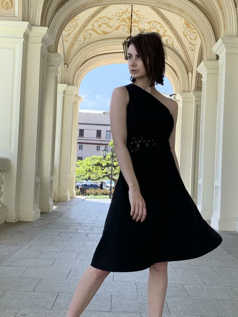 Little black dress for women. Asymmetric Sleeveless Dress. One shoulder dress.
