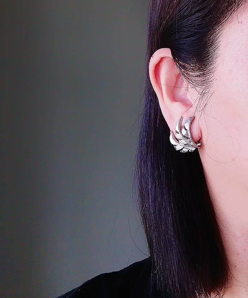 Vintage Jewelry 西洋古董飾品 銀色調 葉羽翼 夾式耳環