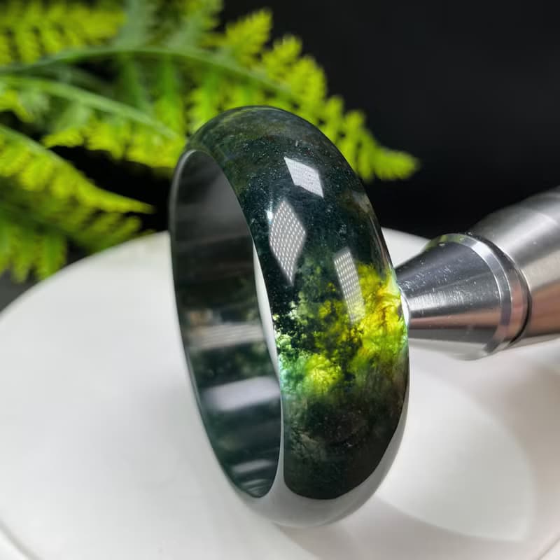 水草瑪瑙手镯 57MM 冰潤滿草飄花苔藓玉髓手環 蓬勃氣息 清新高雅