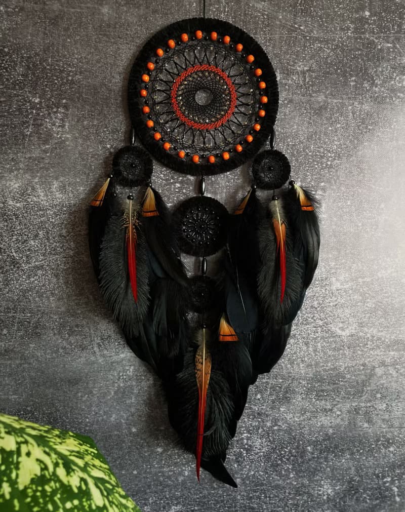 Unique Black and Orange Dream Catcher Wall Decor with Agate Centerpiece