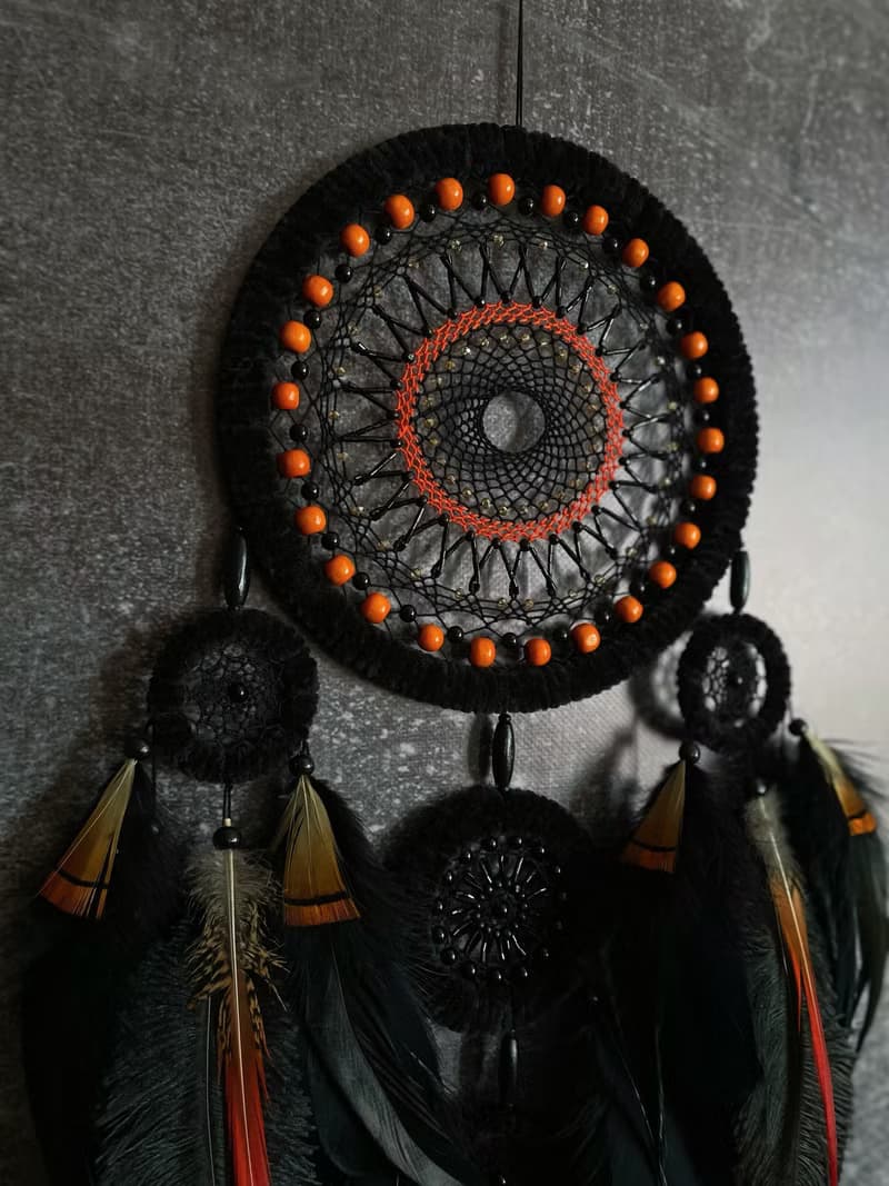 Unique Black and Orange Dream Catcher Wall Decor with Agate Centerpiece
