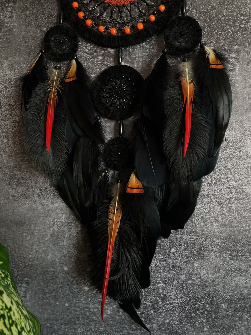 Unique Black and Orange Dream Catcher Wall Decor with Agate Centerpiece