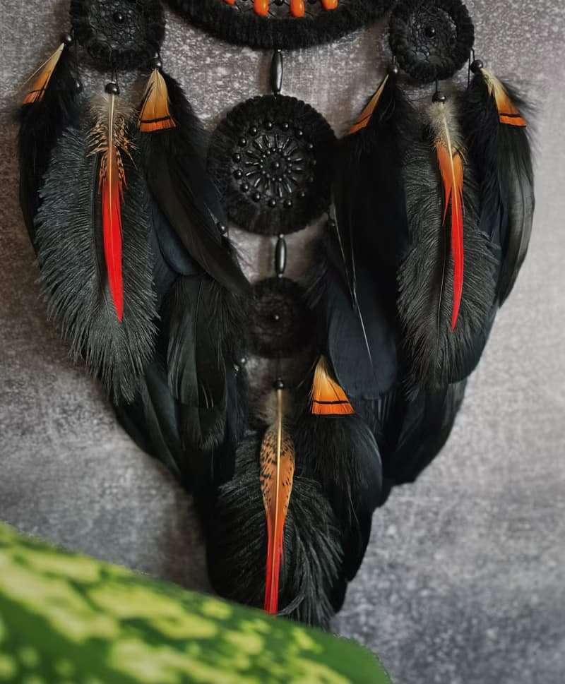 Unique Black and Orange Dream Catcher Wall Decor with Agate Centerpiece