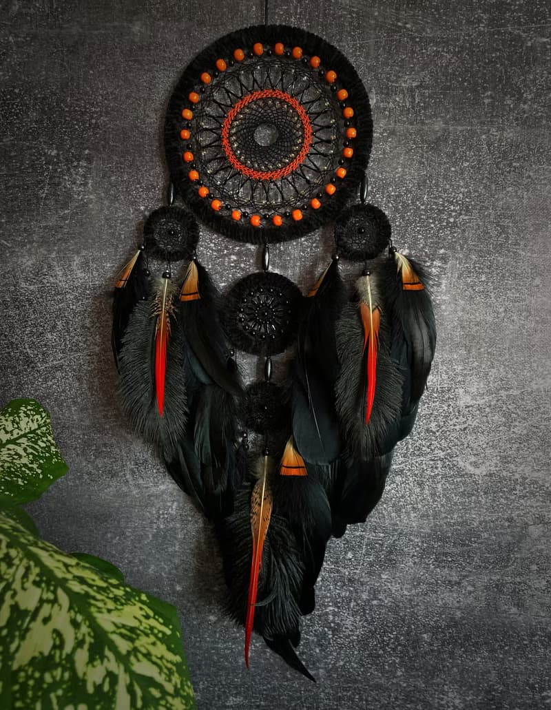 Unique Black and Orange Dream Catcher Wall Decor with Agate Centerpiece