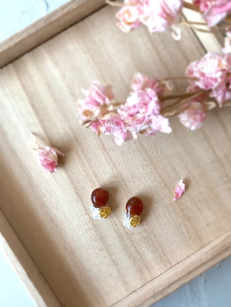 スノー サードオニキス 金継ぎ ピアス ノンホールピアス 天然石 パール オレンジ 橙 ゴールド 金 華やか ギフト プレゼント 贈り物 誕生日 母の日