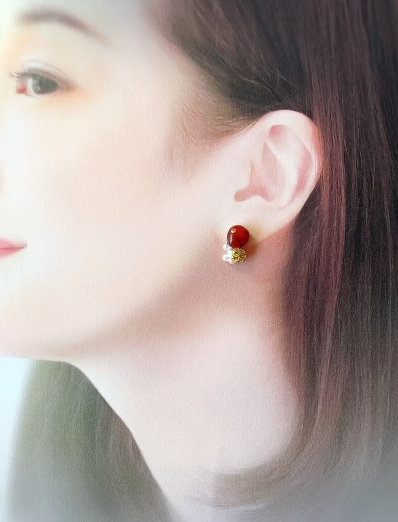 スノー サードオニキス 金継ぎ ピアス ノンホールピアス 天然石 パール オレンジ 橙 ゴールド 金 華やか ギフト プレゼント 贈り物 誕生日 母の日