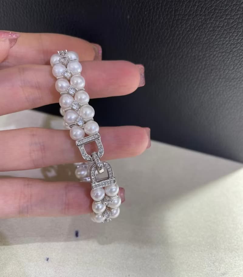 YuanPearl天然高級極光近圓珍珠手鍊純銀手鍊巴洛克珍珠風格