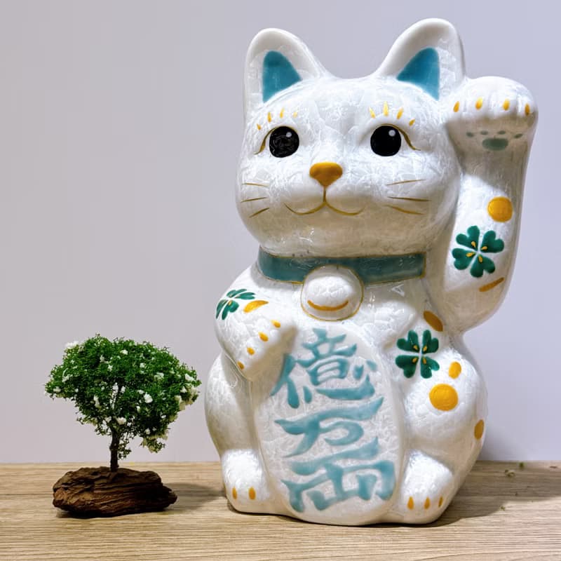 【皓晶聚財】日本清水燒招財貓 | 花結晶白 - 億万両 特大 左