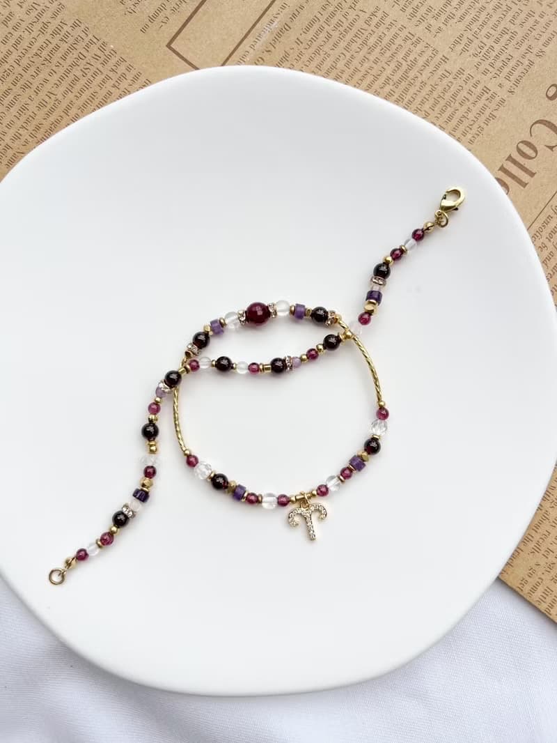 【星座雙鍊 牡羊座】火象星座 紅石榴石 紫水晶 水晶手鍊