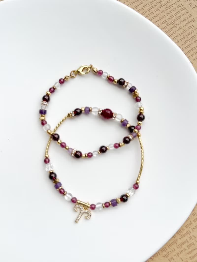 【星座雙鍊 牡羊座】火象星座 紅石榴石 紫水晶 水晶手鍊