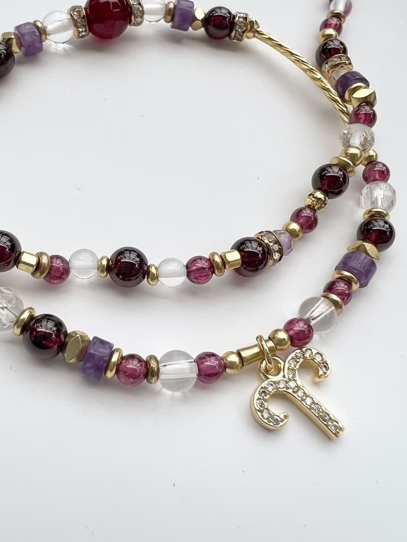 【星座雙鍊 牡羊座】火象星座 紅石榴石 紫水晶 水晶手鍊