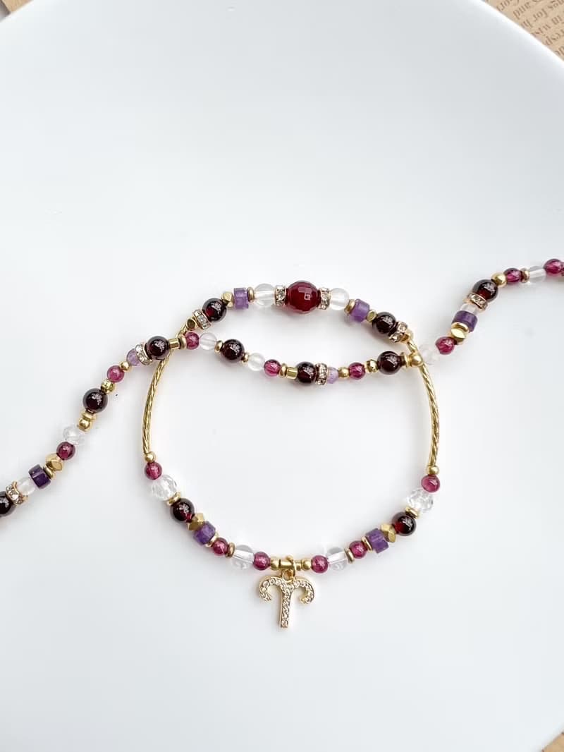 【星座雙鍊 牡羊座】火象星座 紅石榴石 紫水晶 水晶手鍊