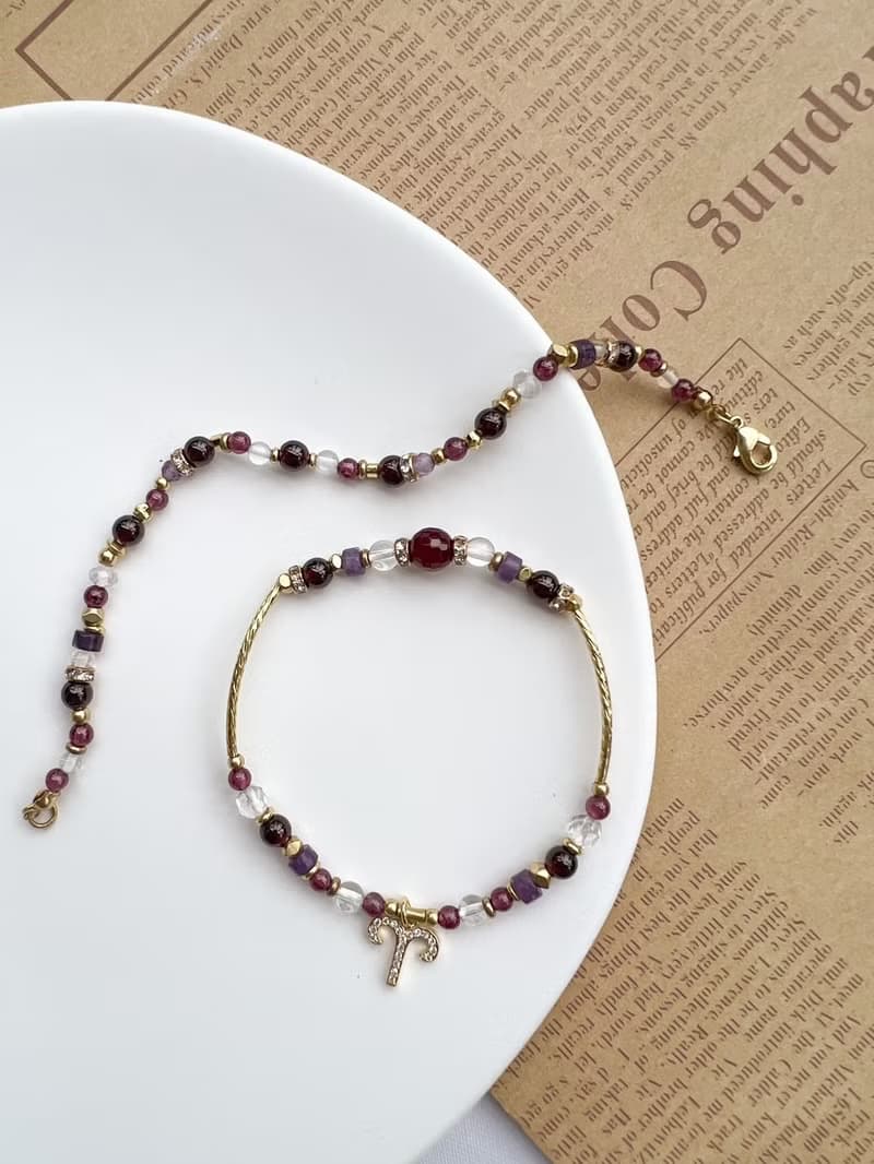 【星座雙鍊 牡羊座】火象星座 紅石榴石 紫水晶 水晶手鍊