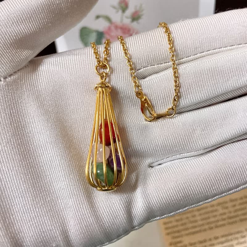 【西洋古董飾品】天然水晶 粉晶東菱玉金花邊墜飾 優雅精美項鍊