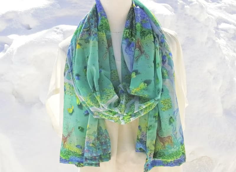 二週間【Forest with owls and deer】アートシフォンストール　スカーフ　ショール　母の日　ファッション小物　緑　かわいい