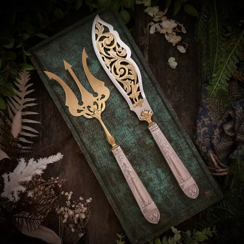 19世紀末 Louis XVI 復興風格法國純銀柄 雙色魚餐具組