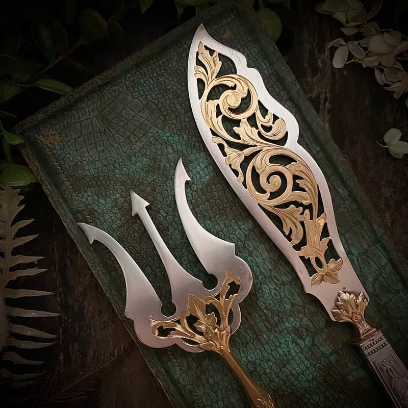 19世紀末 Louis XVI 復興風格法國純銀柄 雙色魚餐具組